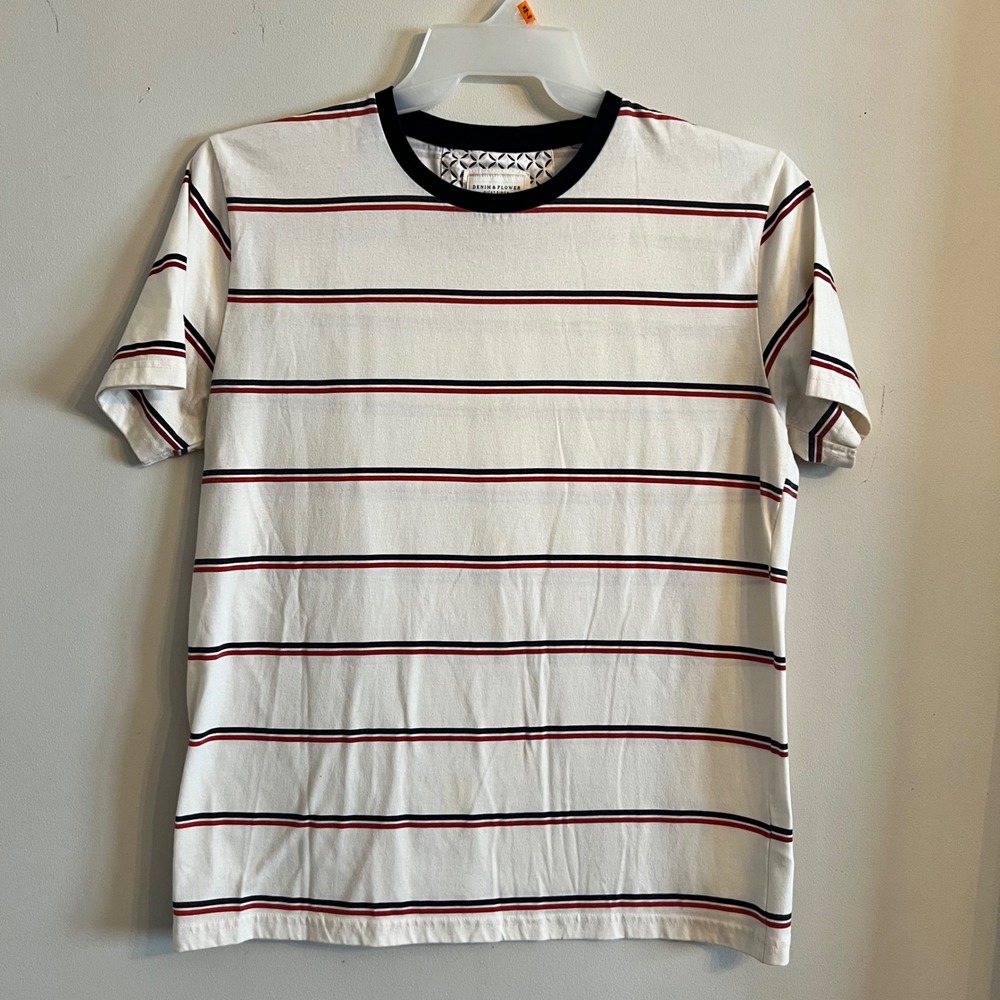 Denim & Flower‎ Striped T-Shirt Short Sleeve Casual Top White Red Black L
